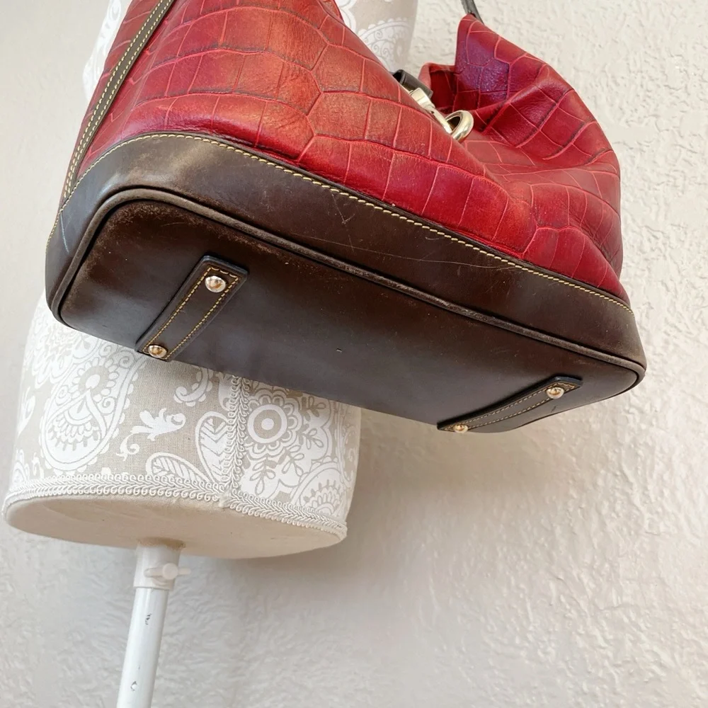Dooney & Bourke Red Croc-Embossed Leather Hobo with Brown Trim